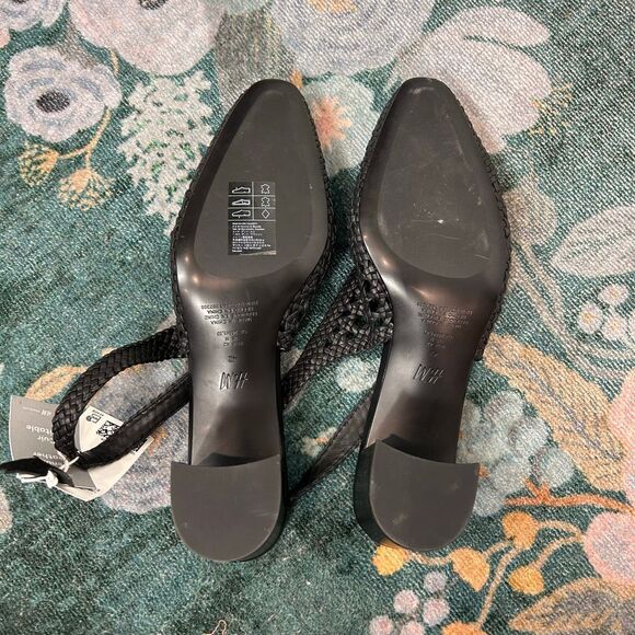 H&M Leather Slingback Pumps Sandals Black NWT Sz 11 Woven Braided Low Heels toe - Picture 15 of 16